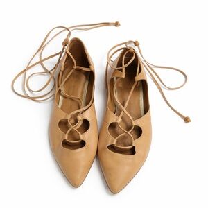 Banana Republic Tan Leather Lace Up Pointed Toe Flats Tie Ballet Shoes Size 8.5